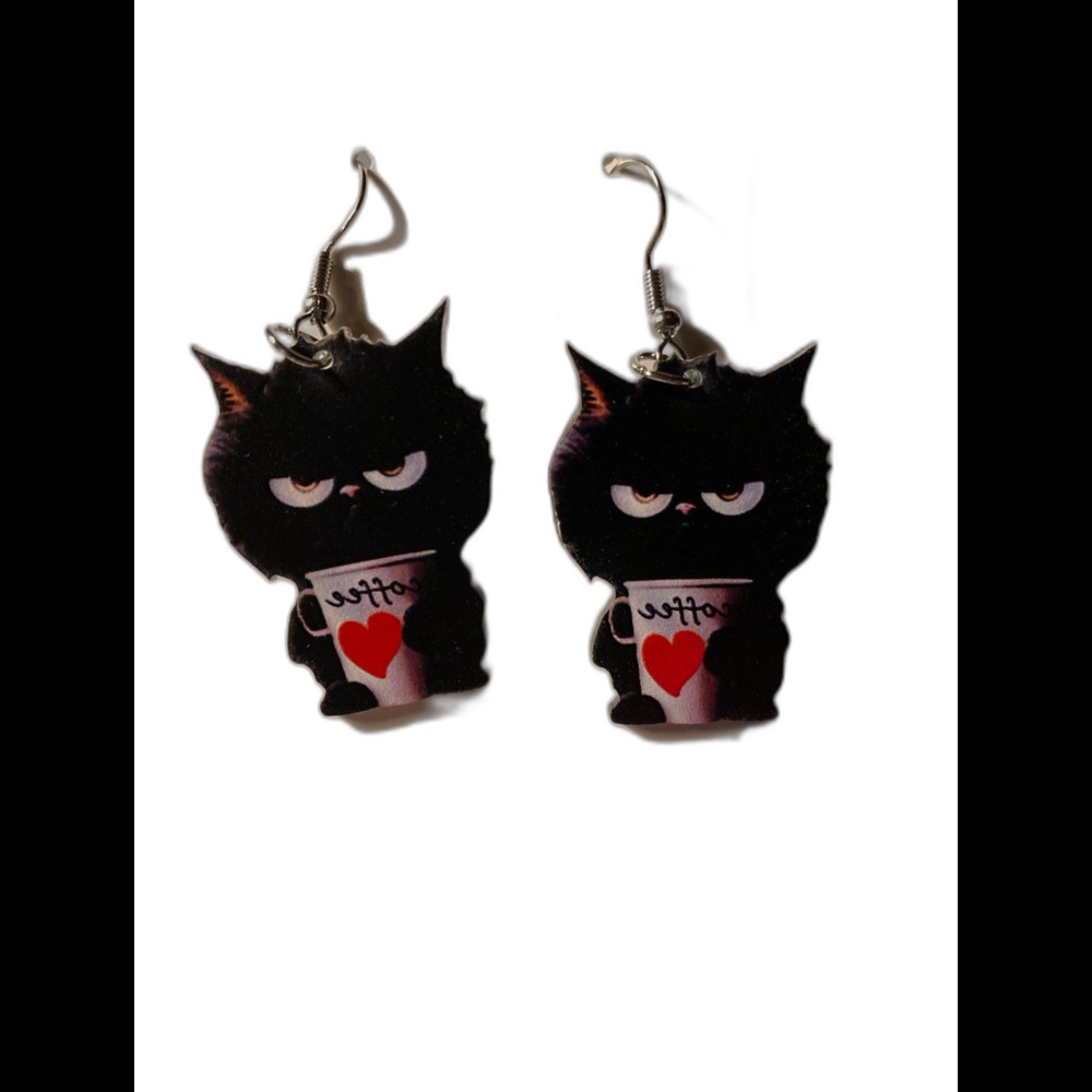 Earrings Black Crabby Coffee‎ Cat Cartoon Whimsical Kitty Acrylic Lightweight - Picture 2 of 5